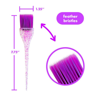 Colortrak sparkling mini hair color brushes in Sassy Pink Electric Blue and Royal Purple highlighting the ultra soft feather bristles
