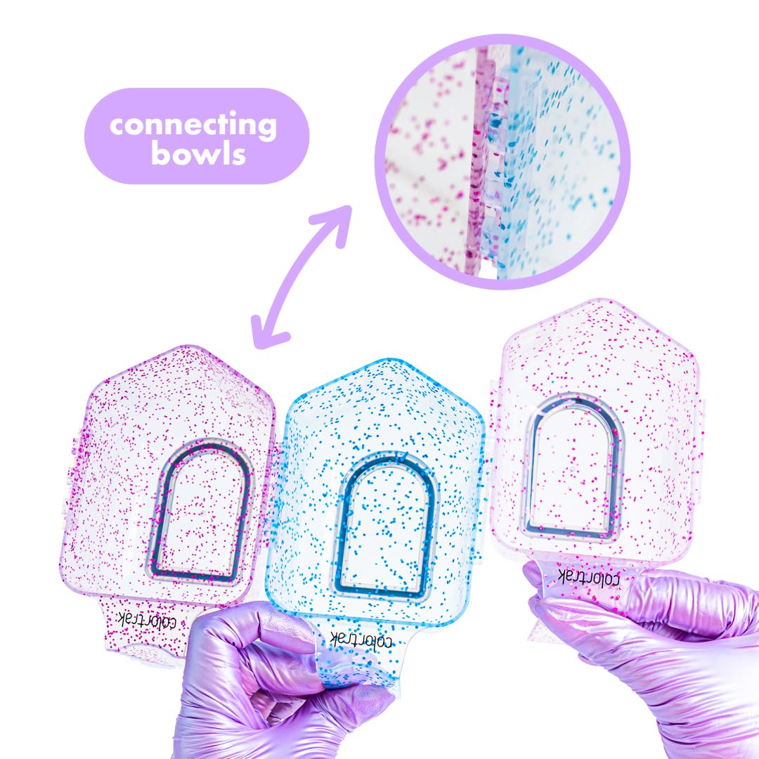 Close up view of the one and a half inch wide Colortrak tinting brush bristles dipping into the compact glitter bowls