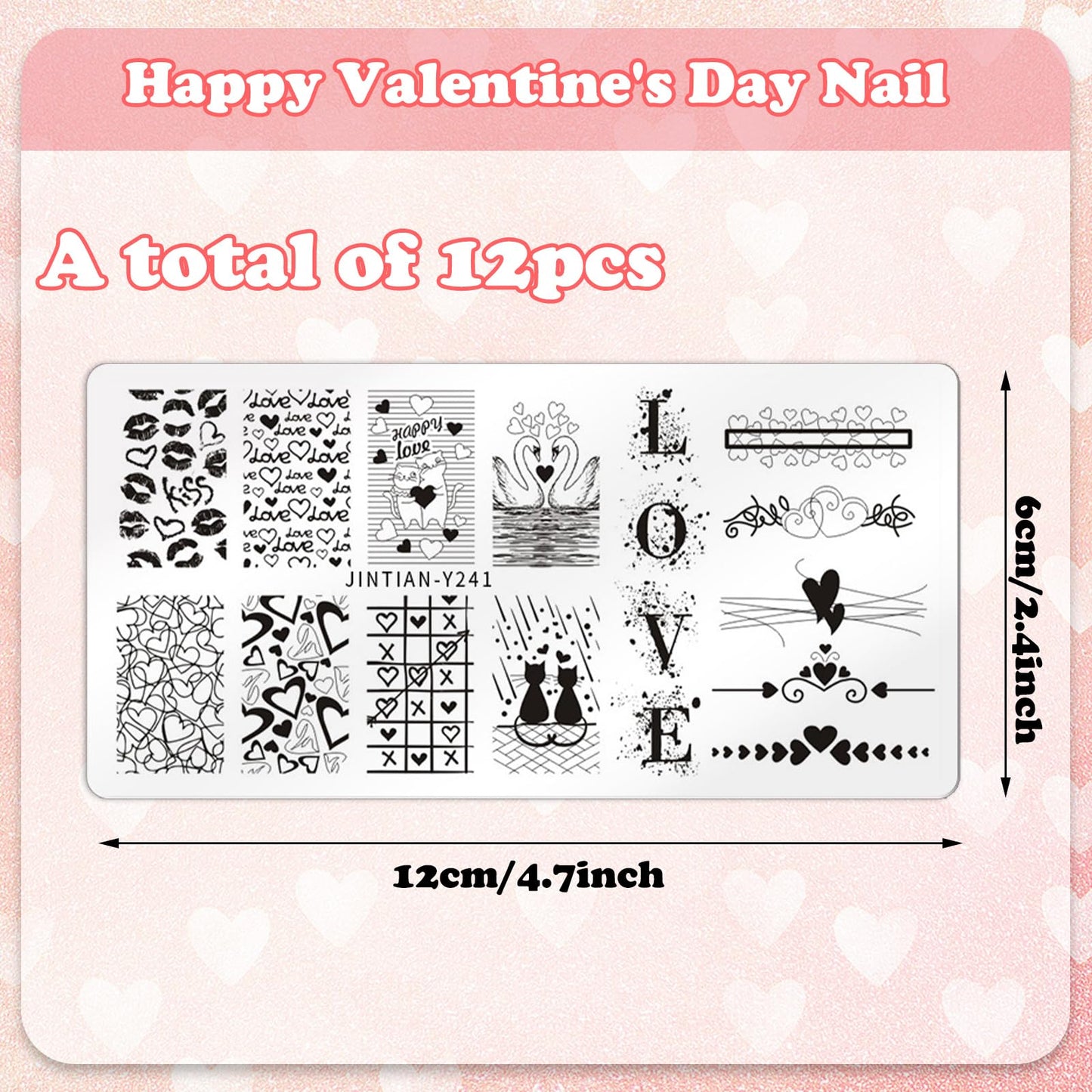 Close up of romantic heart and rose nail art plate designs
