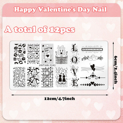 Close up of romantic heart and rose nail art plate designs