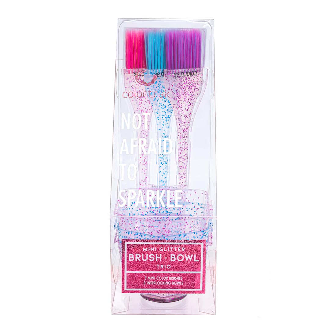 Side profile of Colortrak mini mixing bowls and detail brushes illustrating ergonomic handling for balayage and highlights