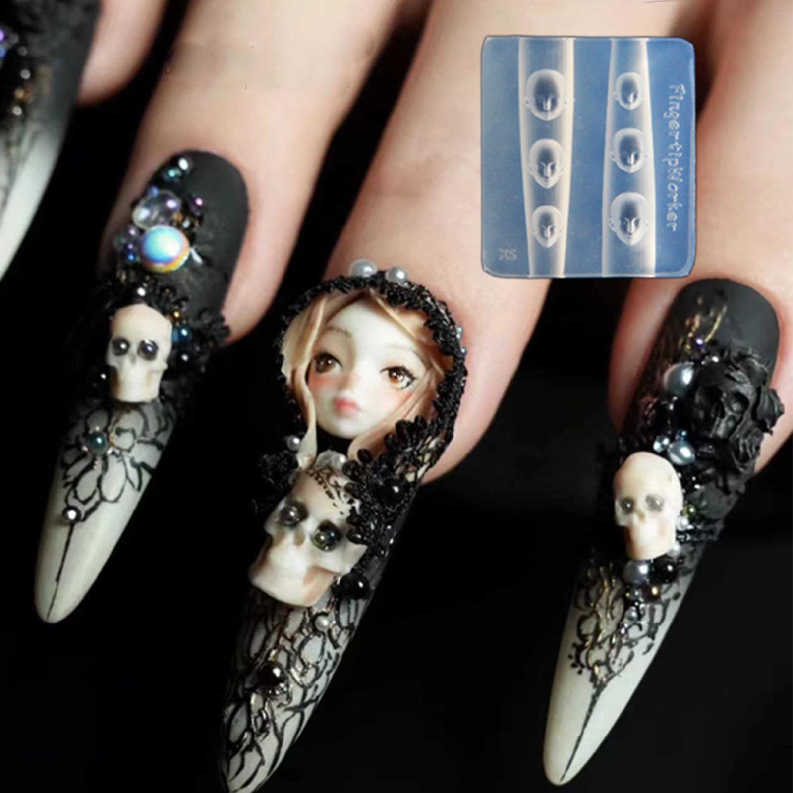 Miniature men and doll face cavities inside a premium nail art stencil.