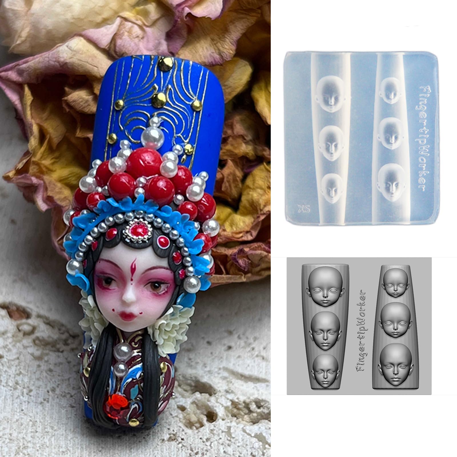 Using a soft silicone mold to craft 3D gel nail designs.