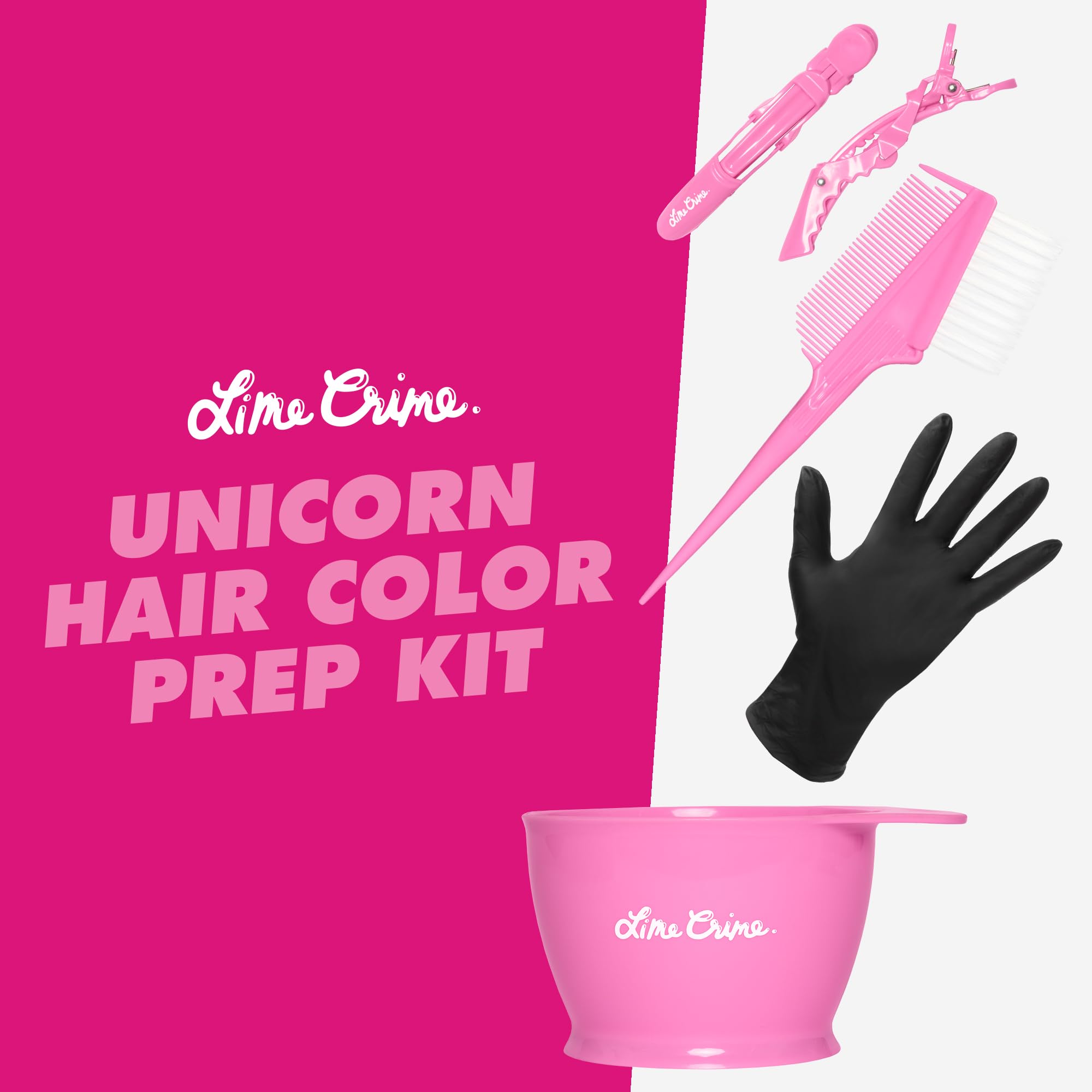 Close up of the Lime Crime professional hair coloring set components including pink alligator clips and black gloves.