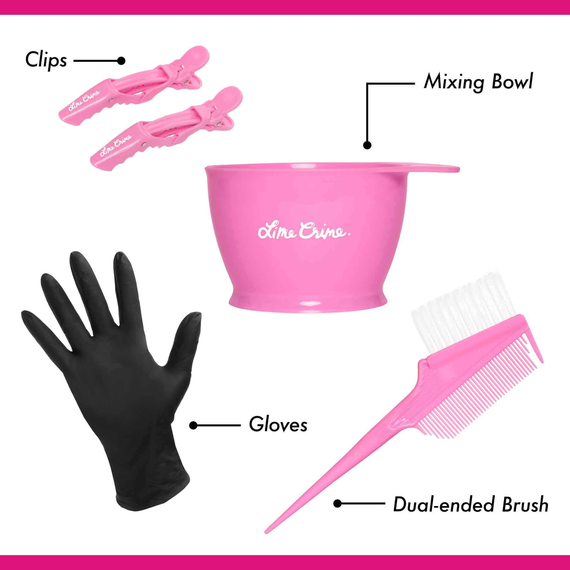 Synthetic bristle tint brush and sectioning clips from the Lime Crime hair care collection.