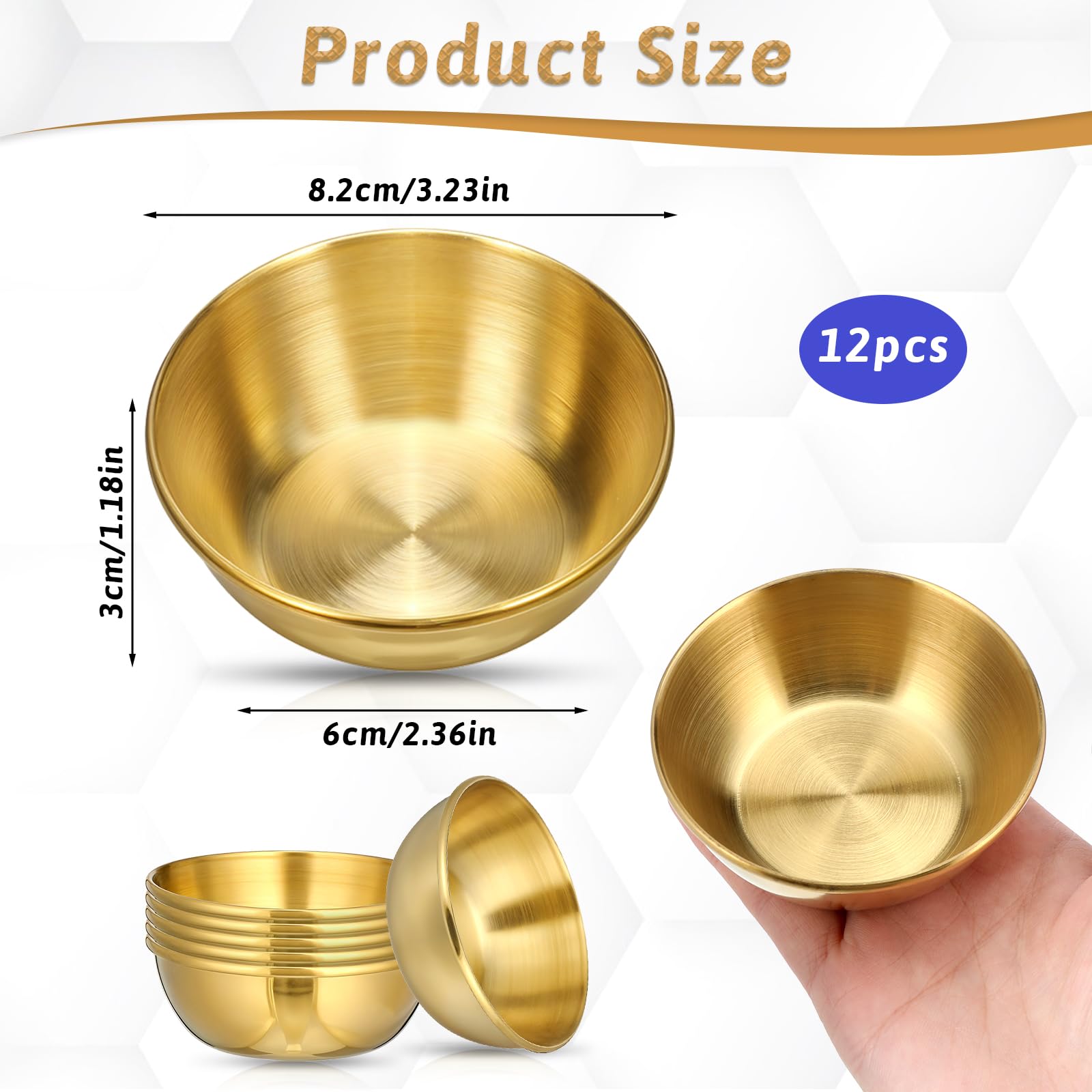 Twelve pieces of gold metallic facial mask mixing bowls arranged neatly on a skincare preparation counter.