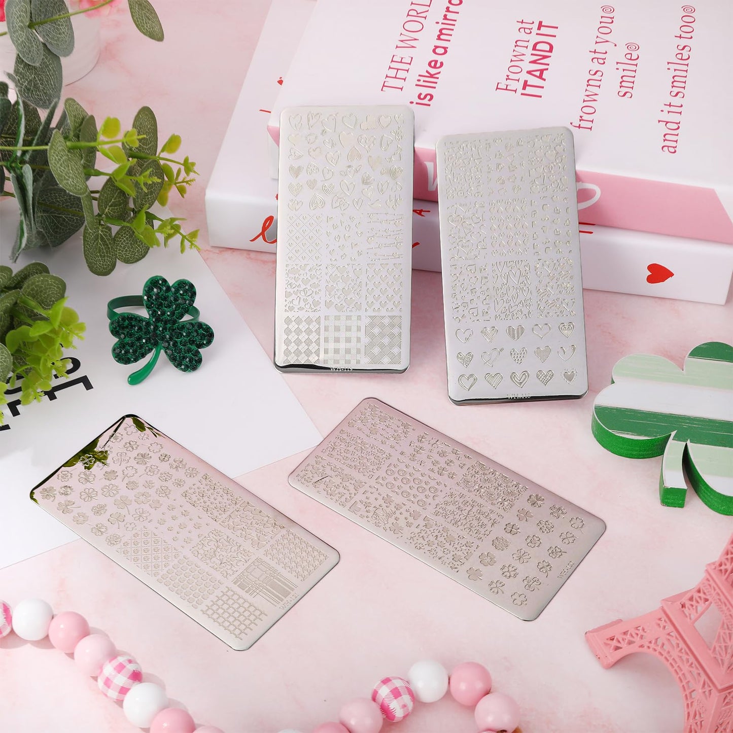 Close up of decorative nail stamping plates for seasonal nail art