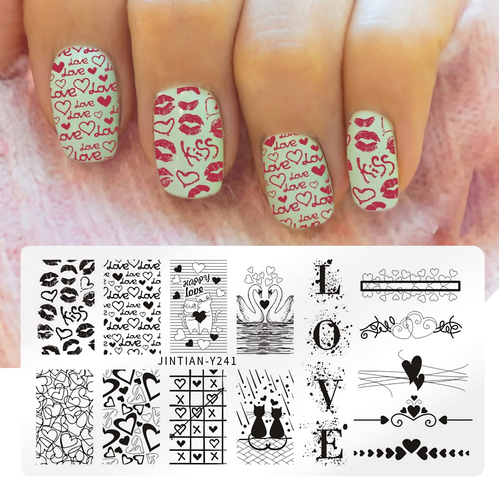 Close up of heart and love themed nail stamping templates