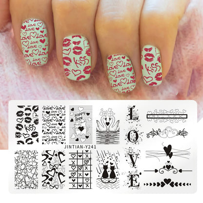 Close up of heart and love themed nail stamping templates