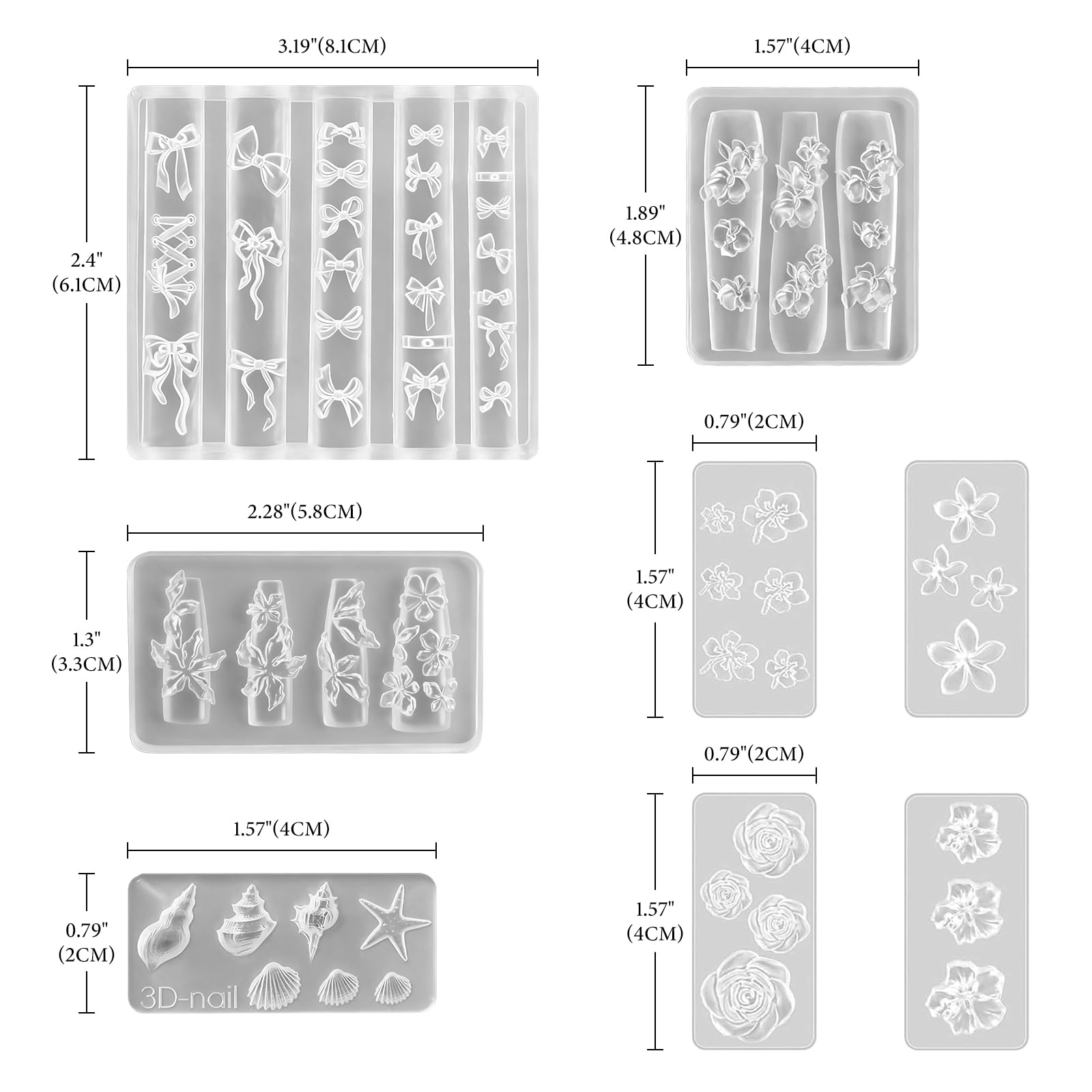 Detailed view of the bowknot silicone nail molds with curated flower and ocean charm shapes