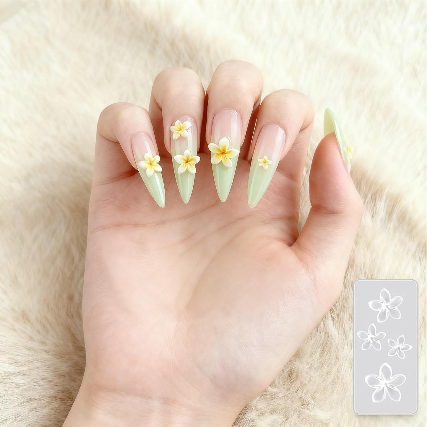 Assorted salon style manicures featuring dimensional floral and marine charms made with stencils