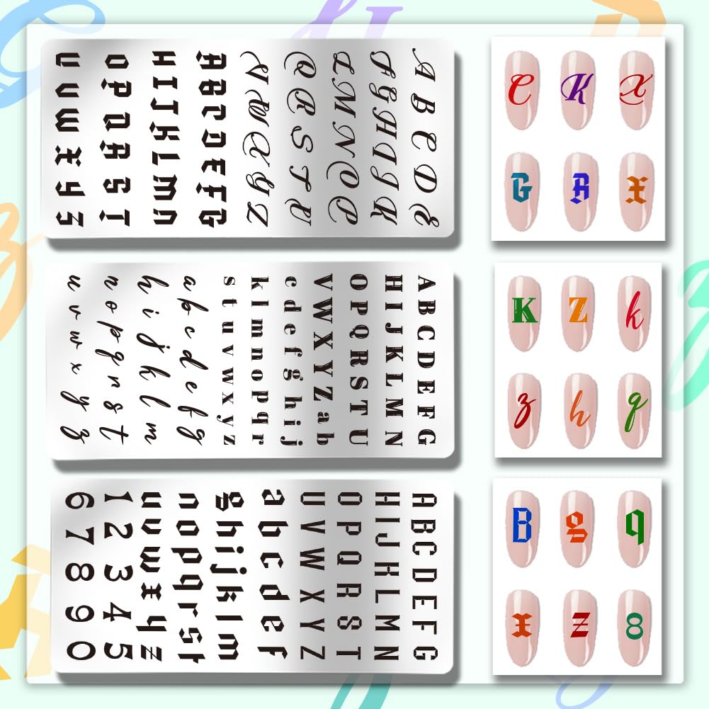 Nail art stamping plates showing cursive and gothic fonts