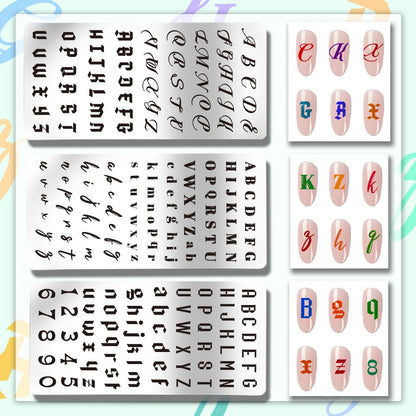 Nail art stamping plates showing cursive and gothic fonts
