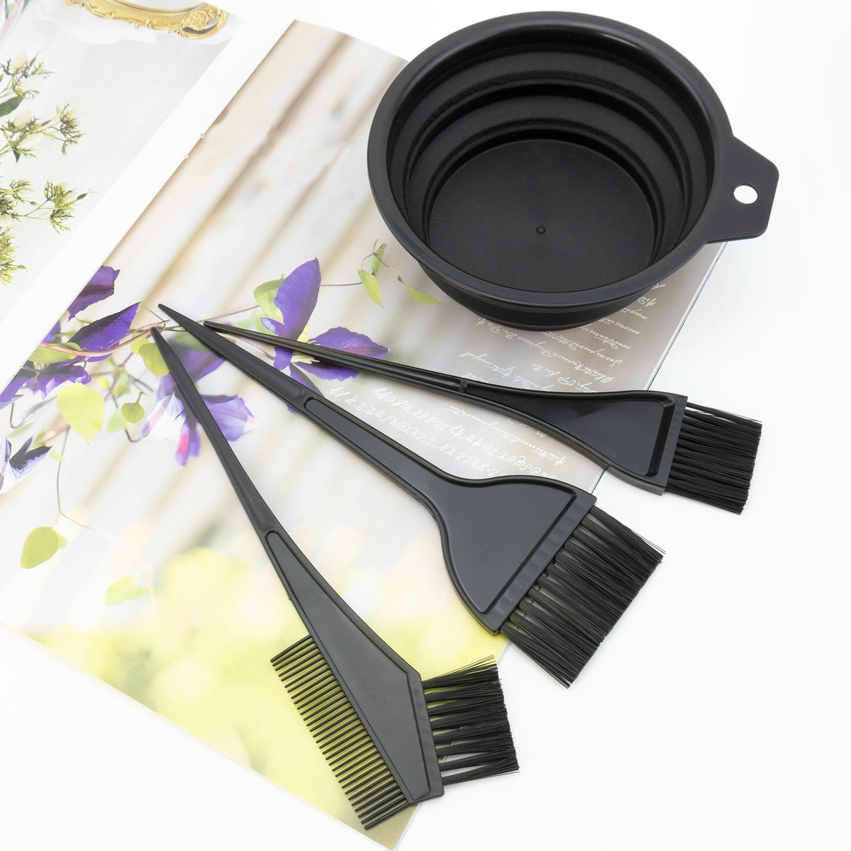 Complete packaging layout of the four piece DIY home salon hair care accessory kit