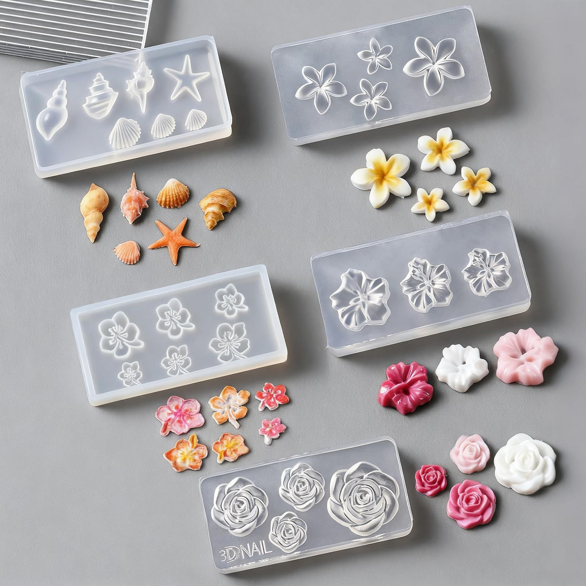 Step by step application of demolding a solid gel flower charm from the flexible template