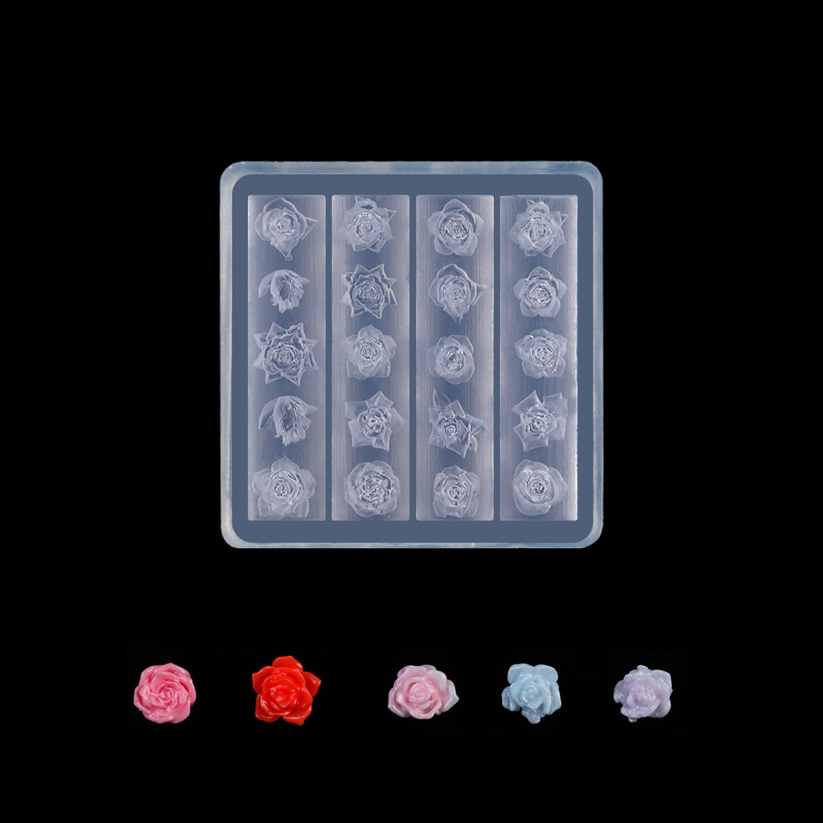 Lifoost 3D flower nail charm template displaying finished miniature rose resin designs