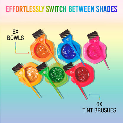 Six vibrant salon style hair dye brushes and stackable stain resistant bowls for DIY hair coloring.