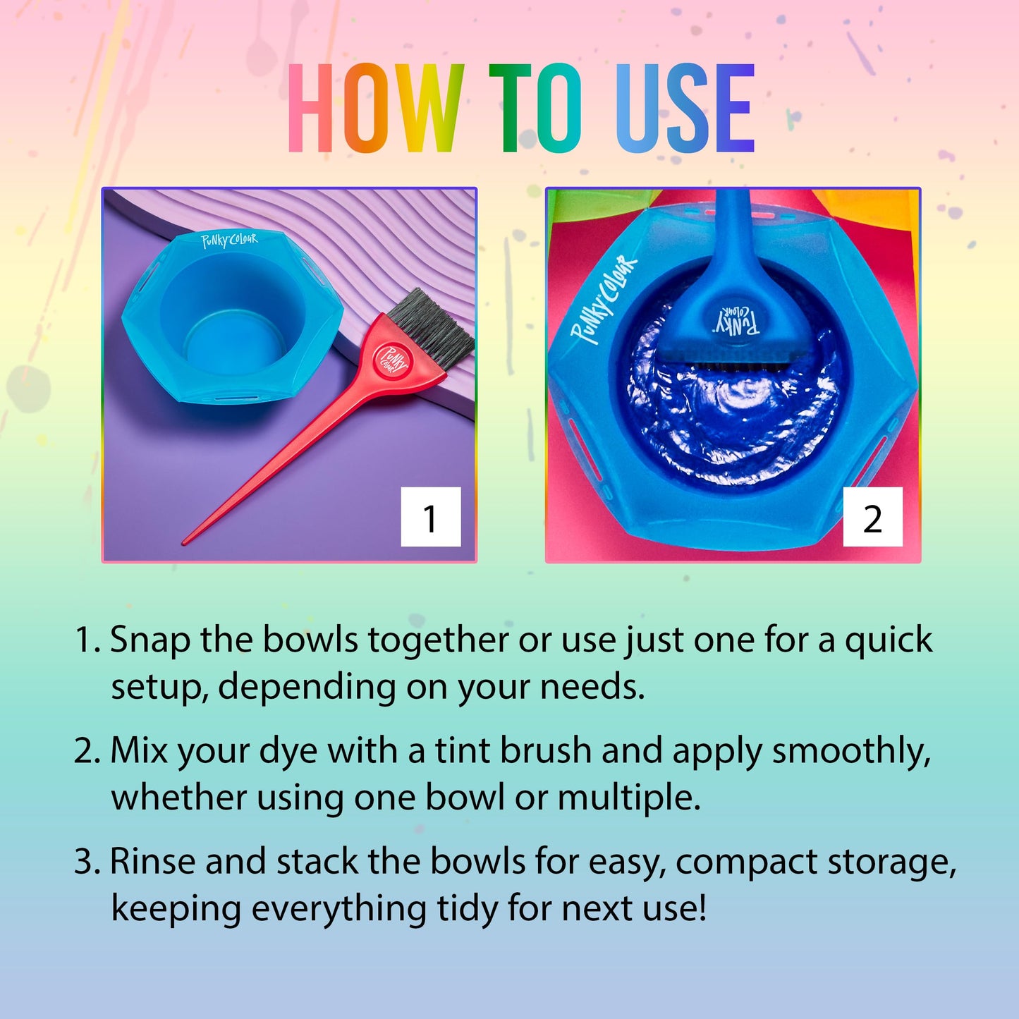 Multi-color hair dye mixing tools kit demonstrating how the pieces click together to prevent accidental spills.