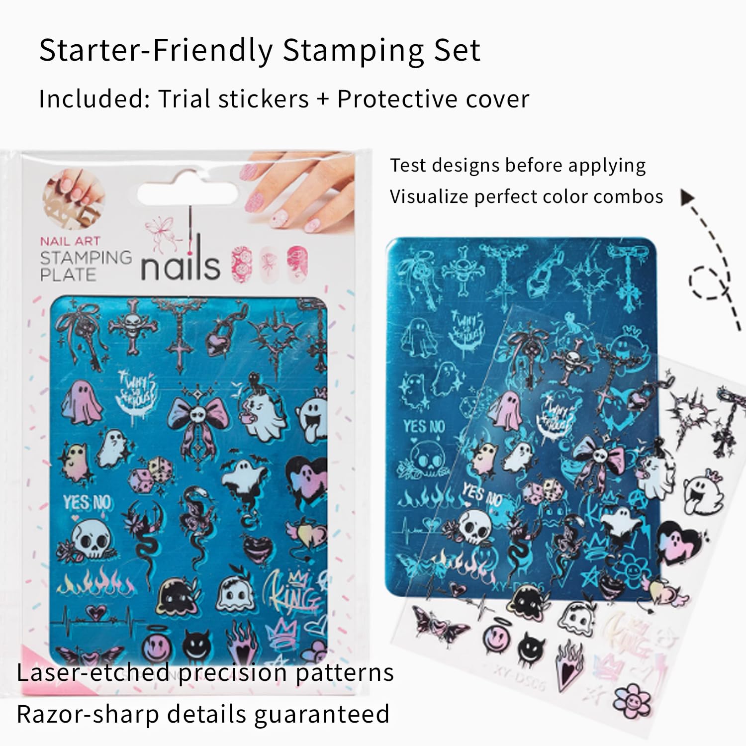 Close up view of the intricate skull and lace patterns etched on the premium Grospe spooky sweet manicure plates