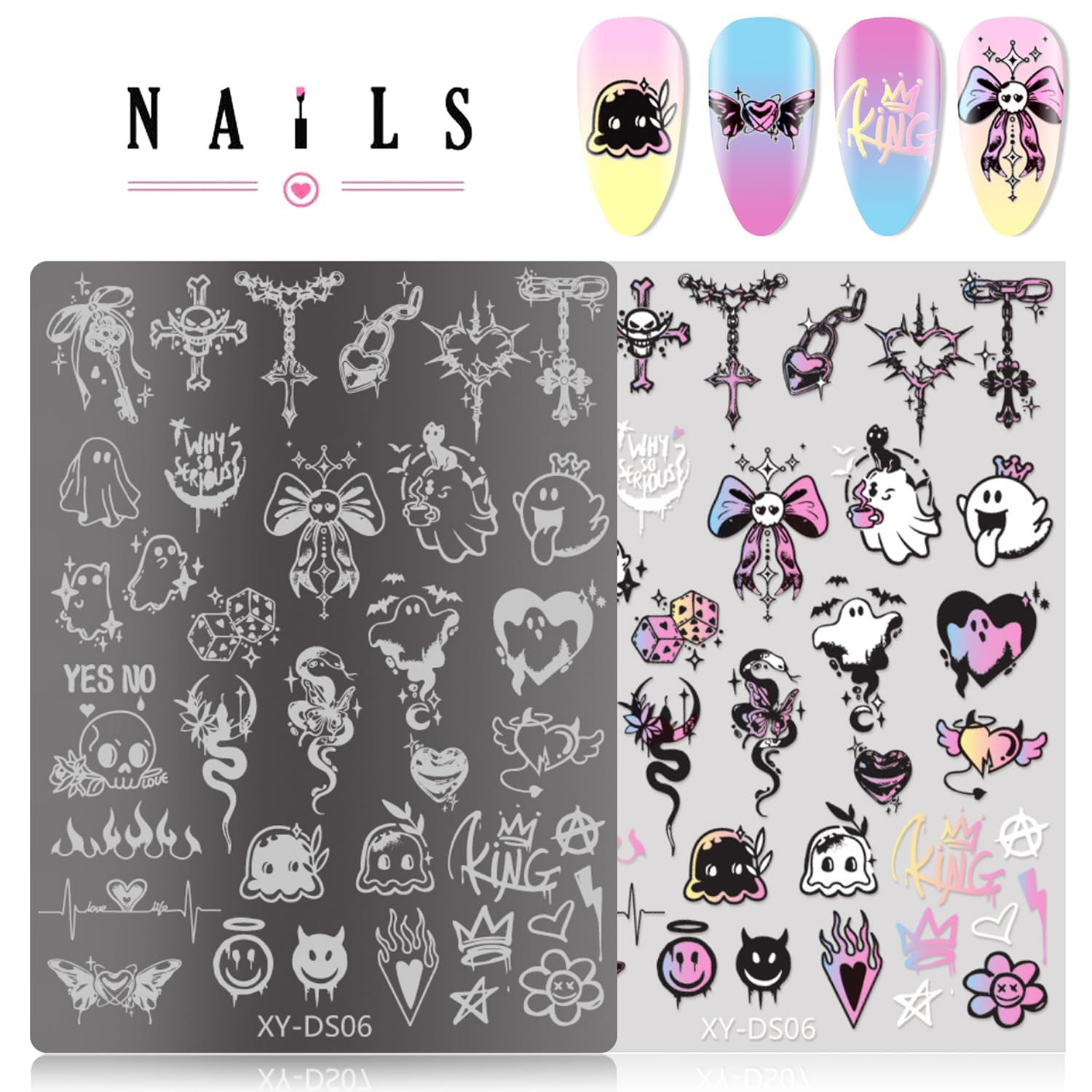 Grospe dark kawaii nail art plates displayed alongside a finished creepy-cute holiday manicure style