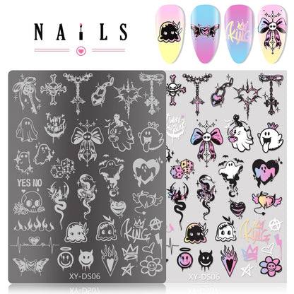 Grospe dark kawaii nail art plates displayed alongside a finished creepy-cute holiday manicure style