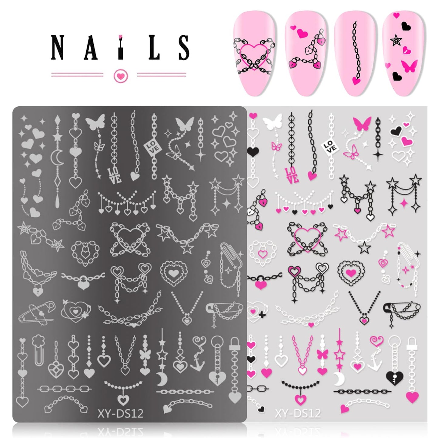 Demonstration of the Grospe gothic nail stencil set being used for professional DIY manicure printing