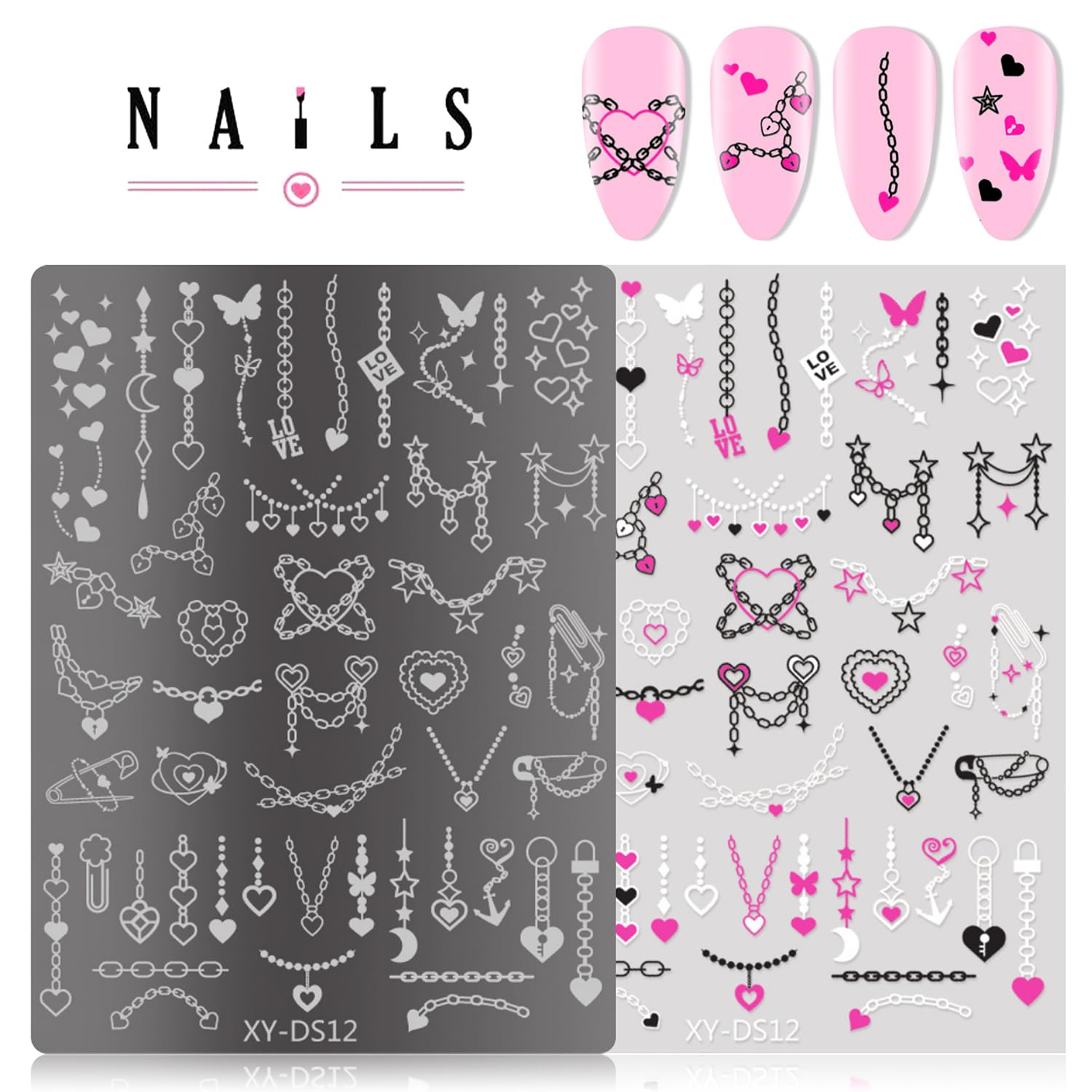 Demonstration of the Grospe gothic nail stencil set being used for professional DIY manicure printing