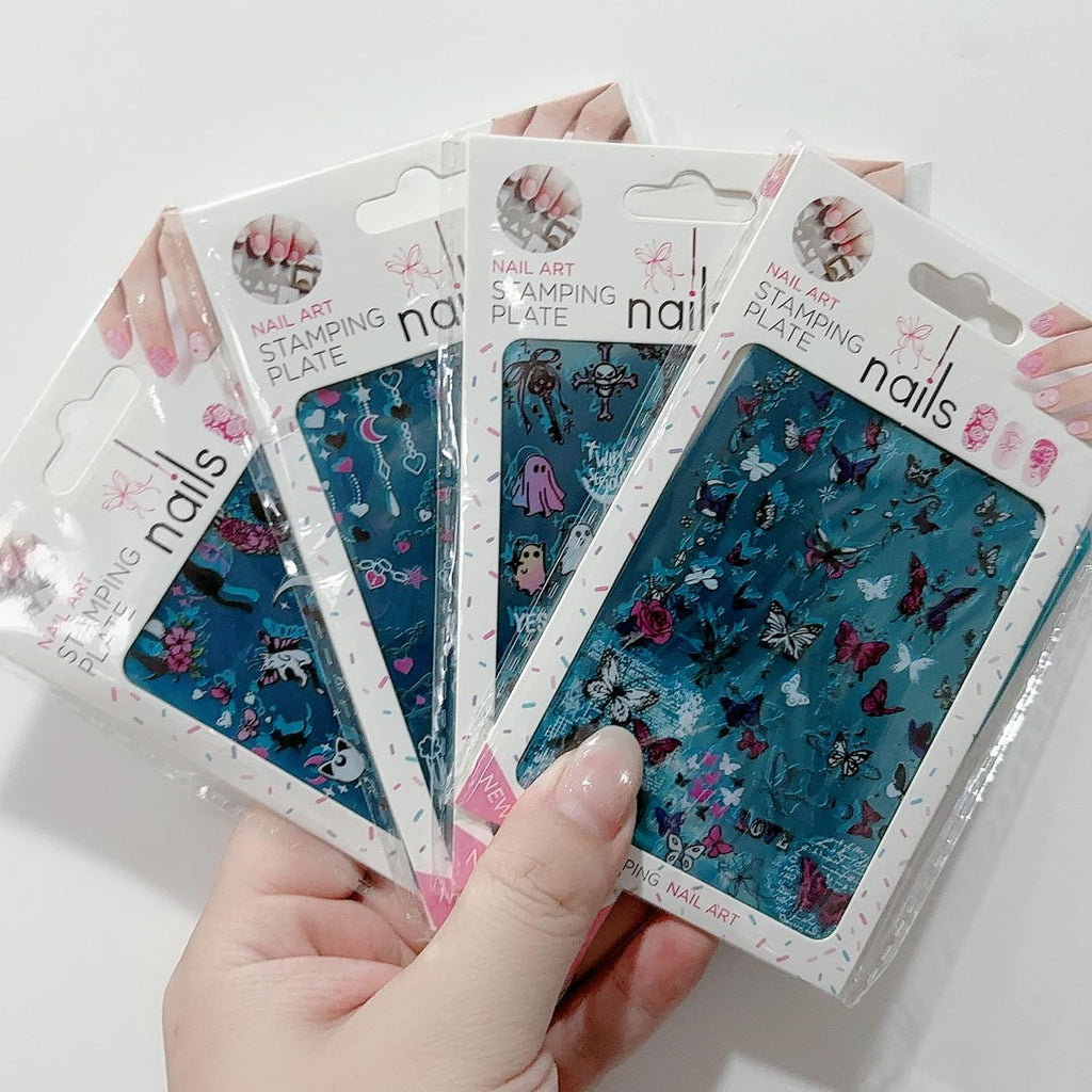Packaging layout of the four different themed Grospe alternative fashion nail stamping stencils