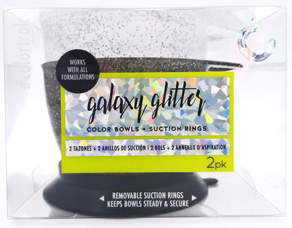 Two-pack of Colortrak hair color bowls highlighting chemical-resistant glitter material.