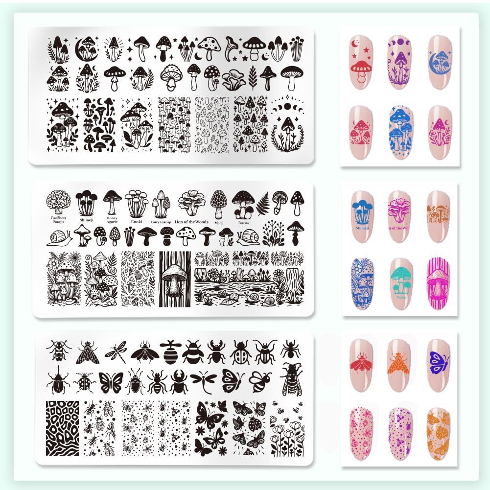 Three separate rectangular nail art stencils featuring butterfly and foliage designs.