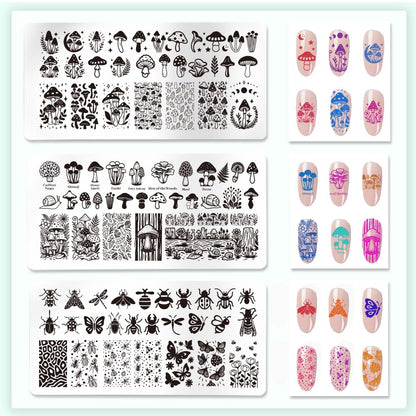 Three separate rectangular nail art stencils featuring butterfly and foliage designs.