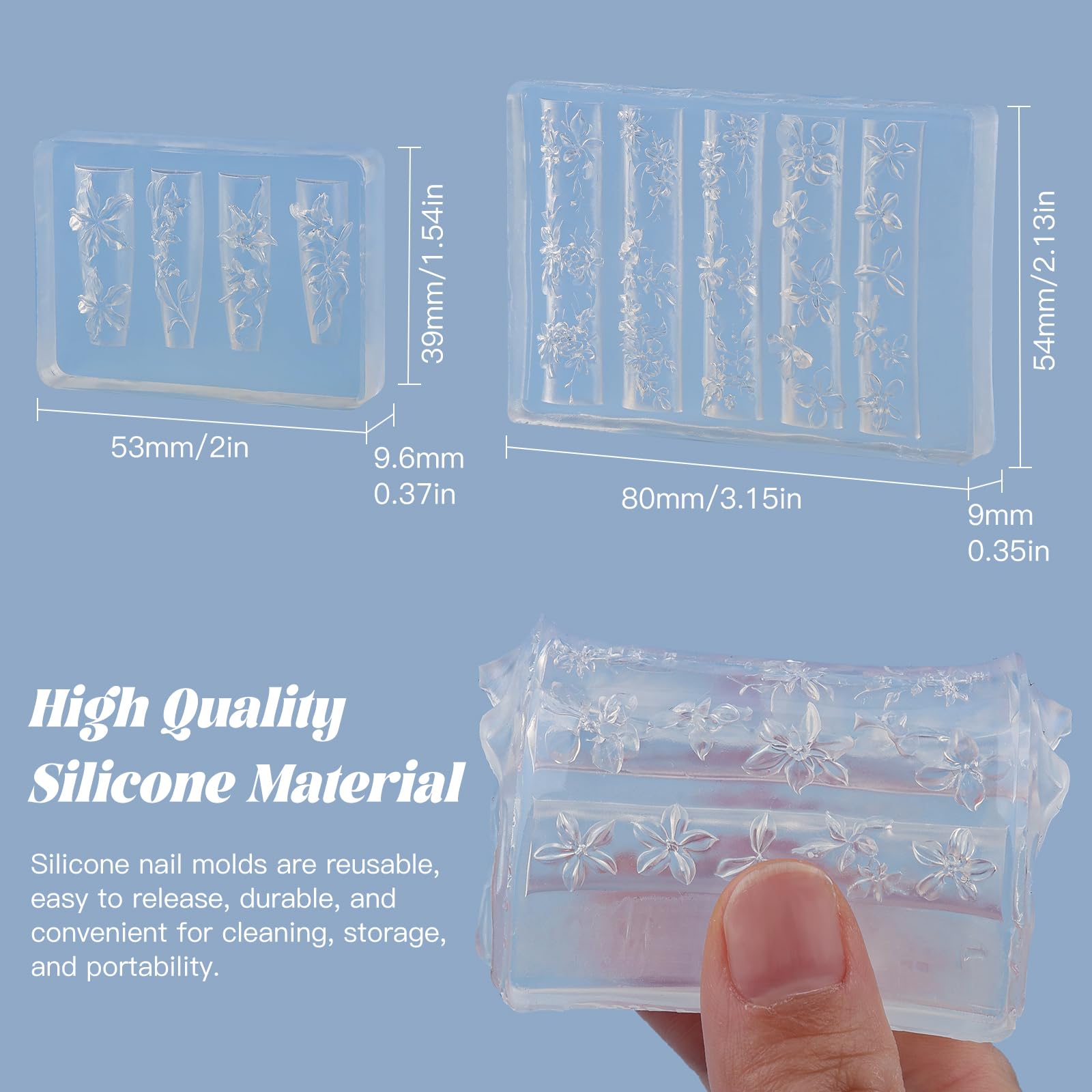 Two pieces of clear silicone nail charm molds featuring spring and summer flower shapes for gel extensions.