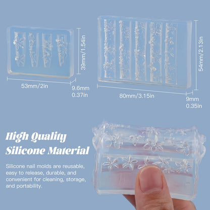 Two pieces of clear silicone nail charm molds featuring spring and summer flower shapes for gel extensions.