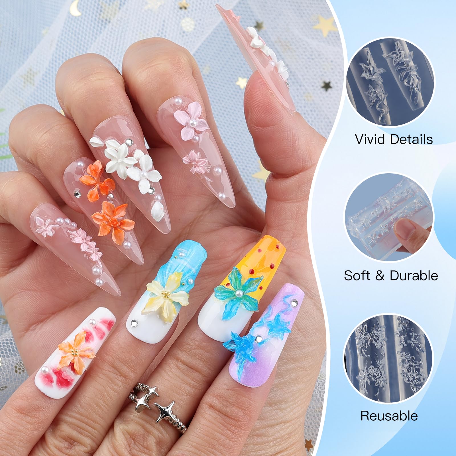 Completed multi-colored 3D flower nail charms popped out from the flexible silicone modeling tool set.
