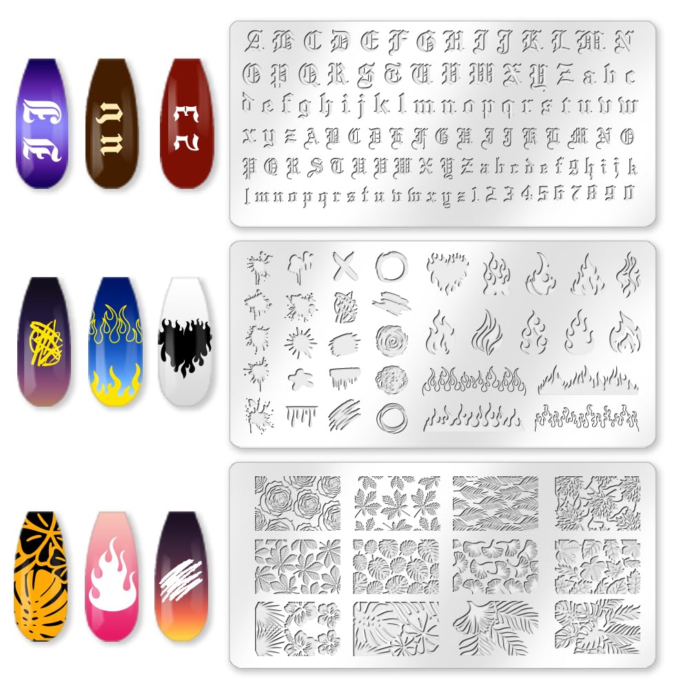 Close up of flame and nature leaf nail art stamp designs
