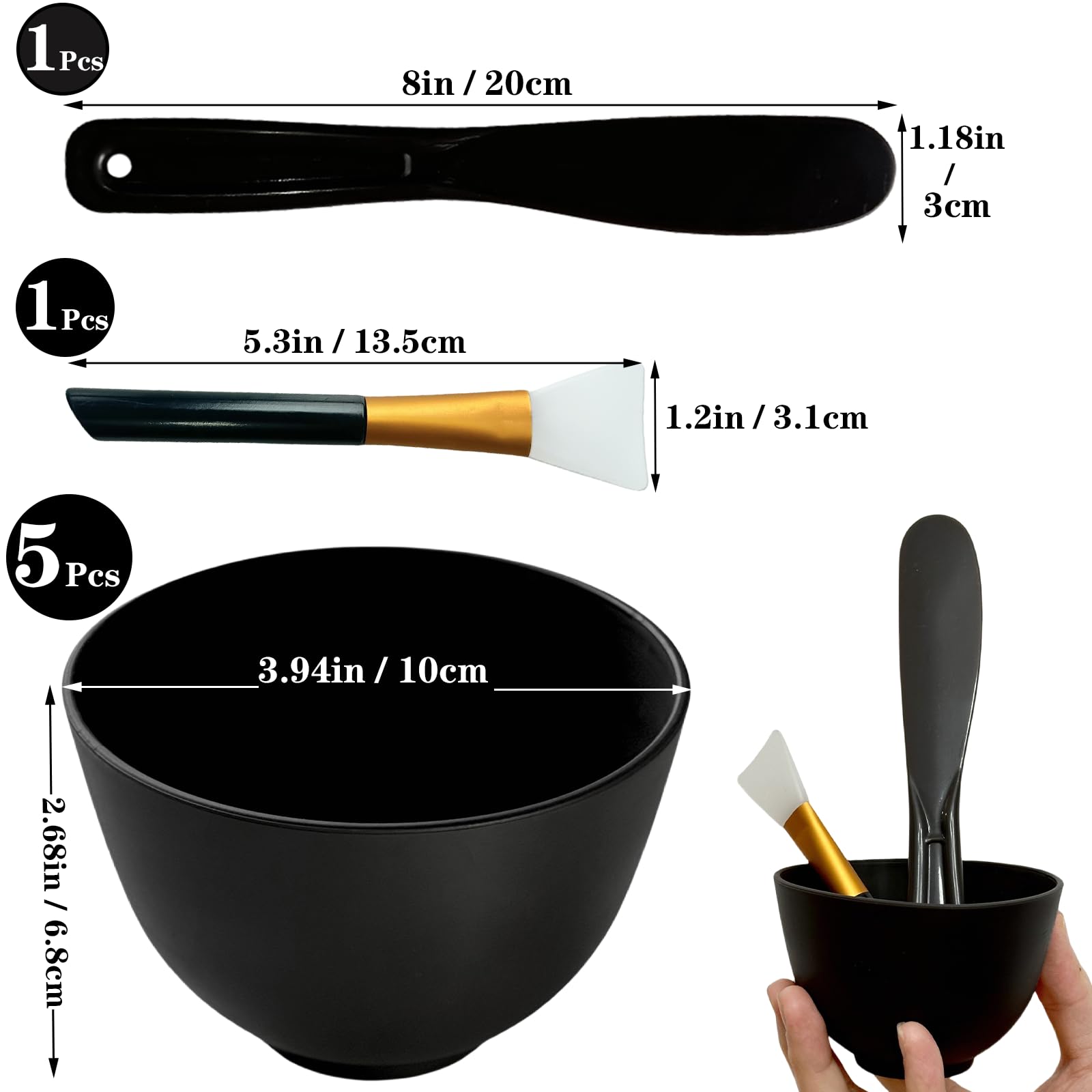 Black silicone face mask mixing bowls displayed with multi-piece applicator accessories for home spa treatments.