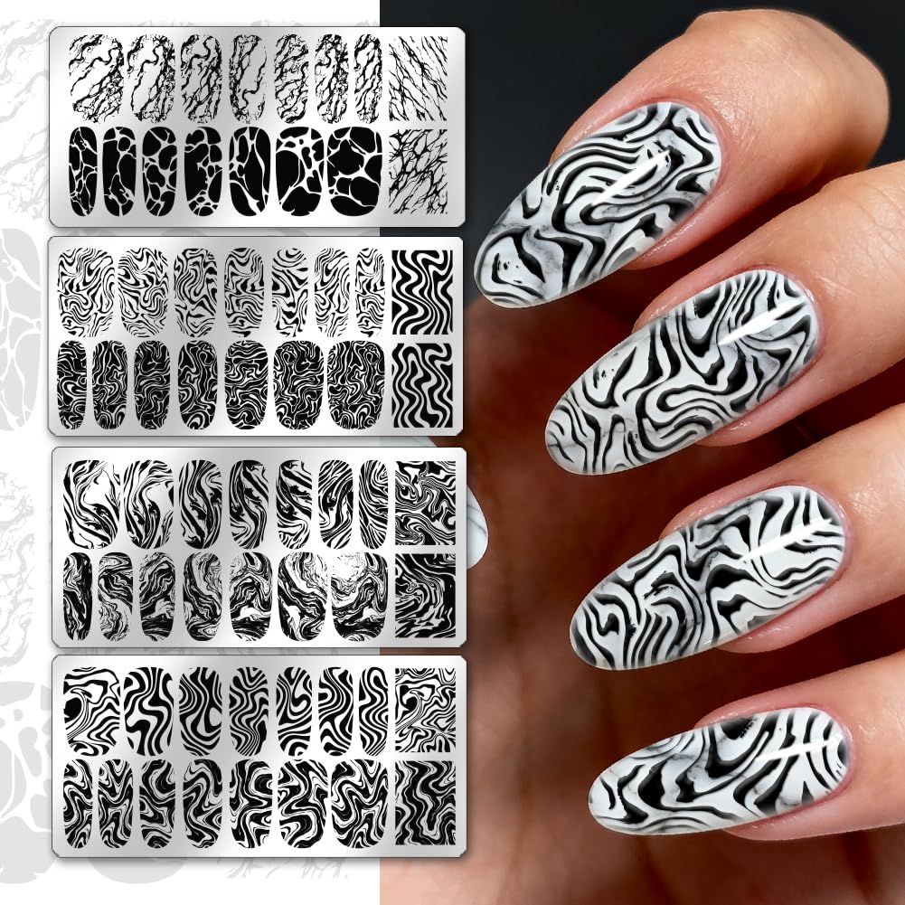 Manicure layout demonstrating abstract line designs created with stainless steel printing plates.