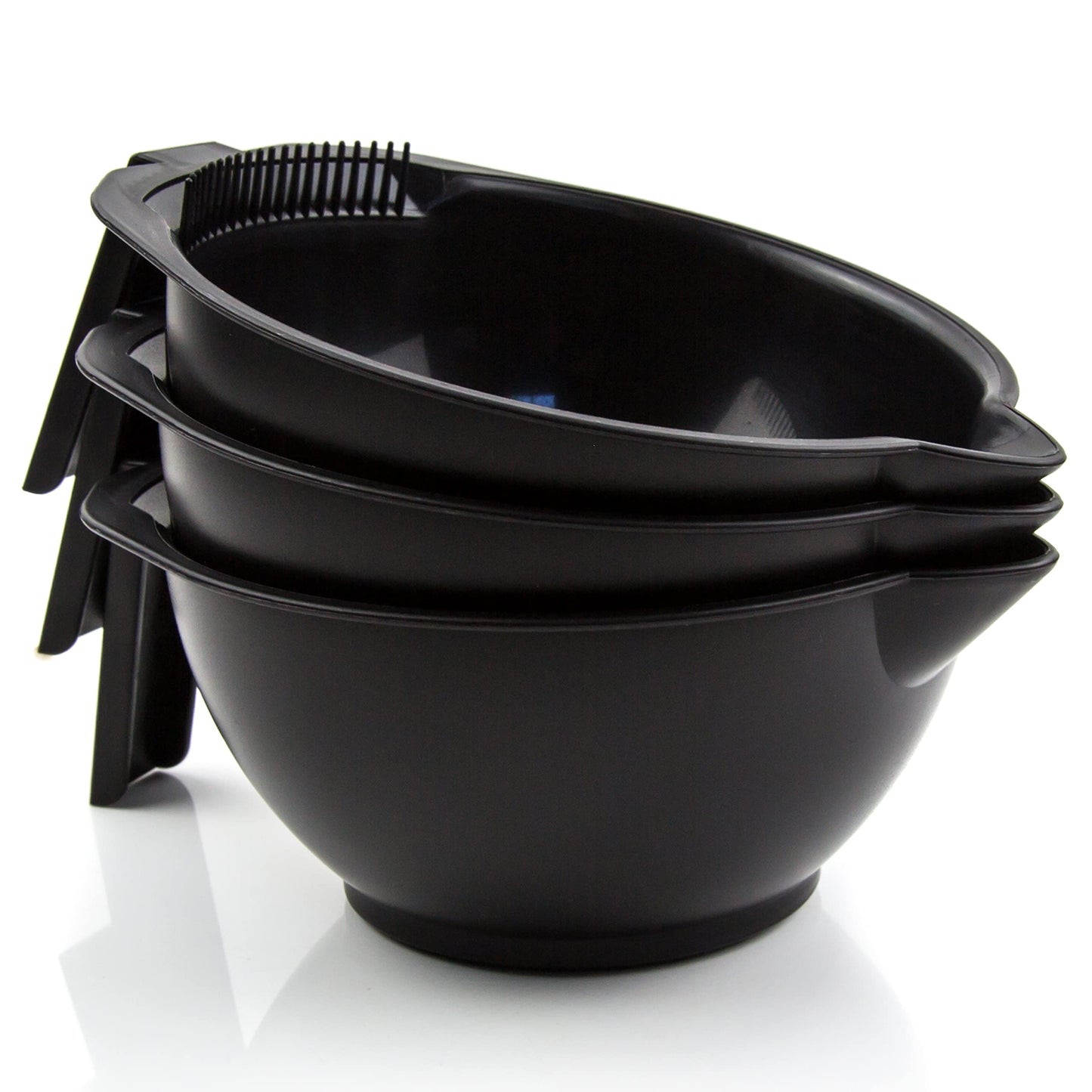 Three reusable black hair coloring bowls stacked together for easy salon storage