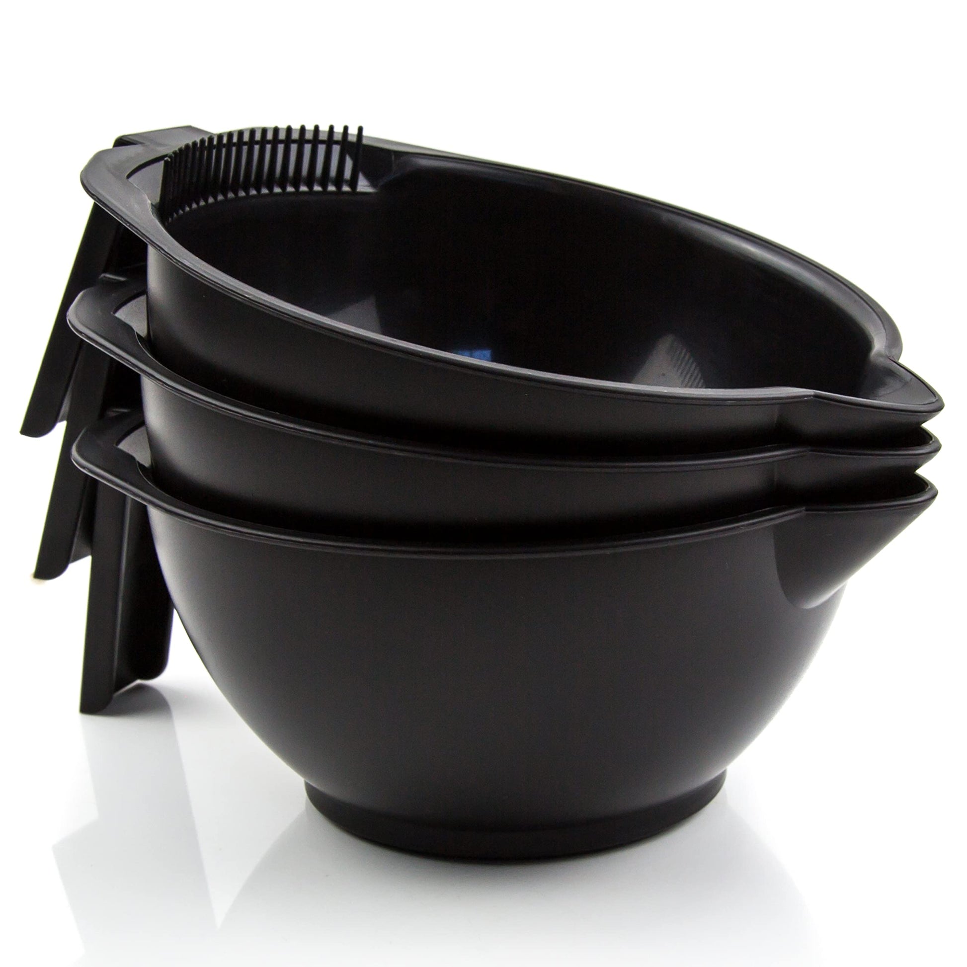 Three reusable black hair coloring bowls stacked together for easy salon storage