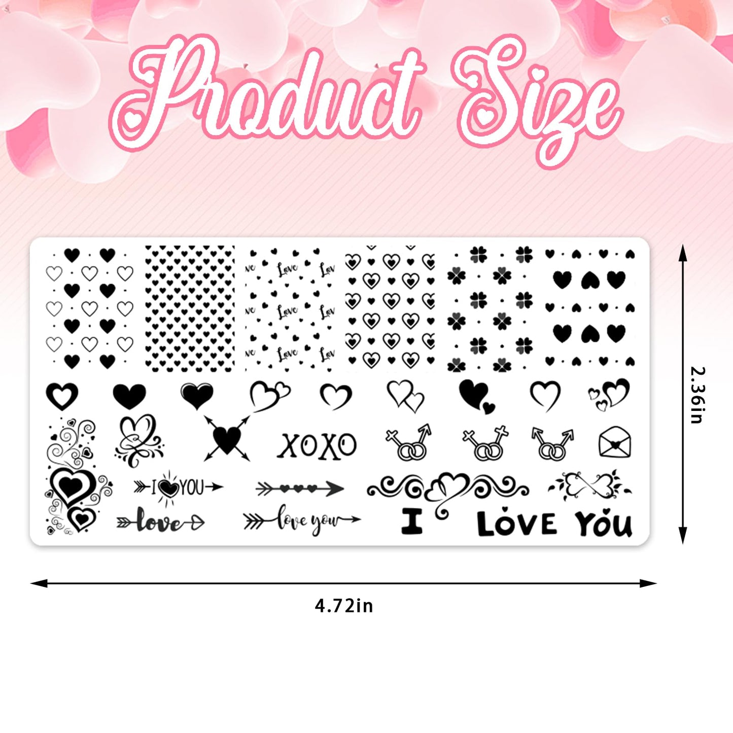 Close up of Alibbon heart and love themed nail stamping templates