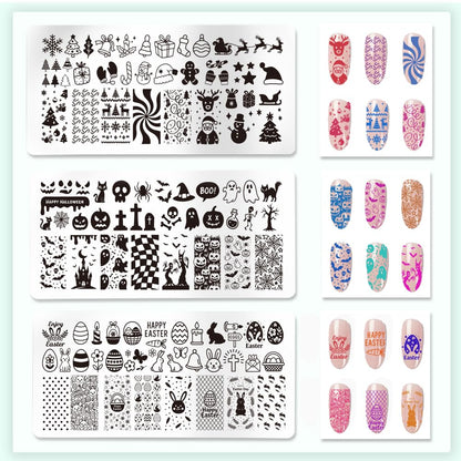 Valentine heart and Easter bunny engravings on professional nail art stencils