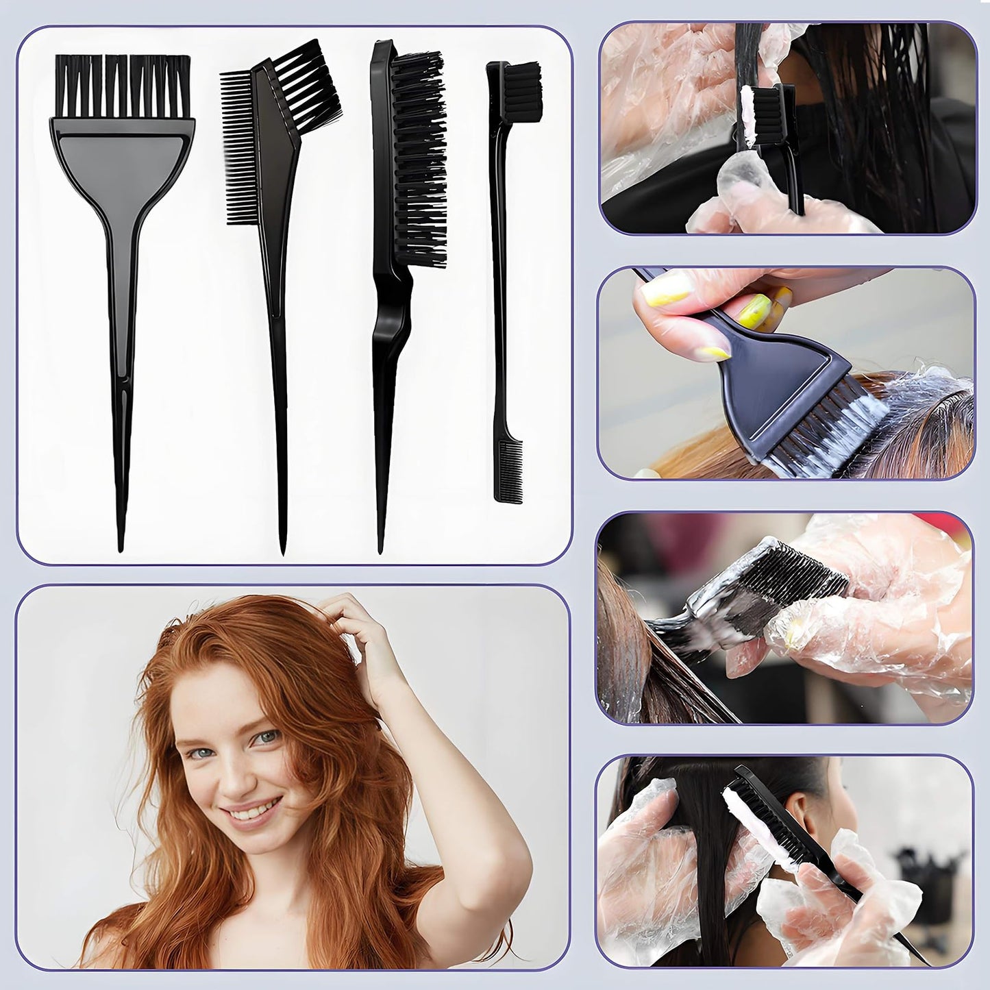 Precision hair dye brushes and angled application combs layout