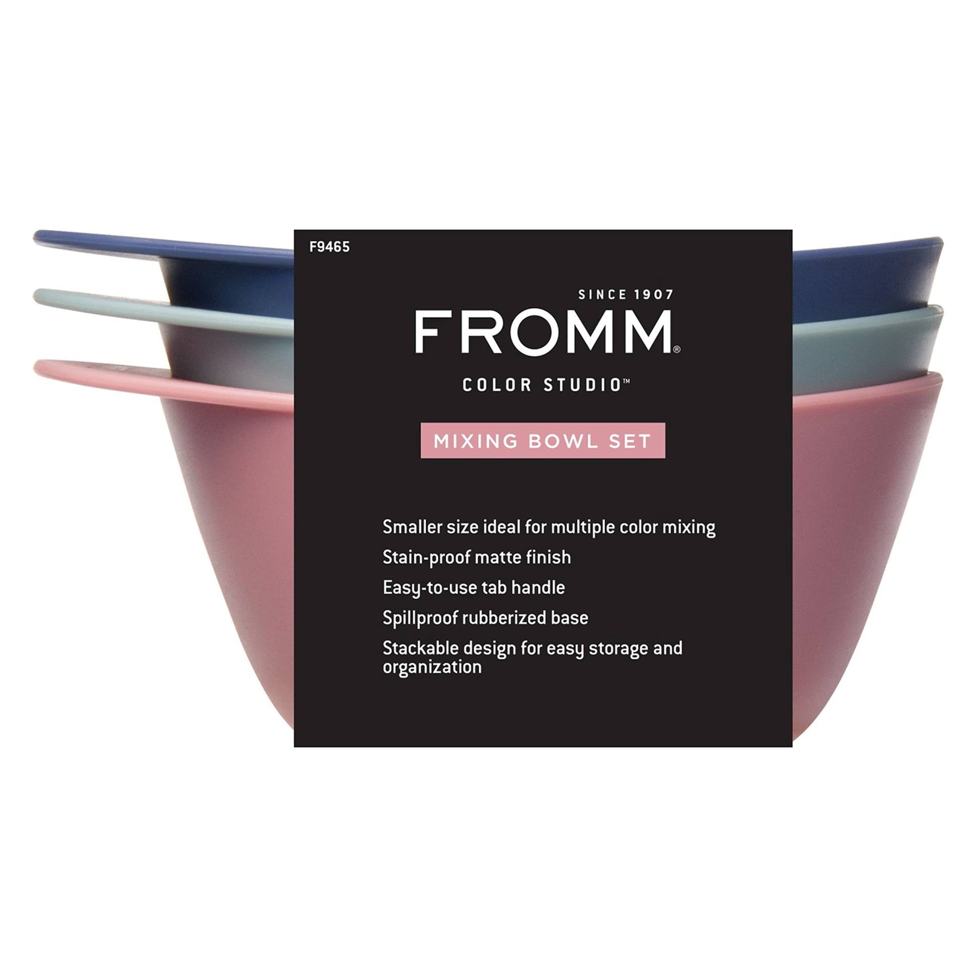 Side perspective of the three pack assorted hair bleach mixing bowls.