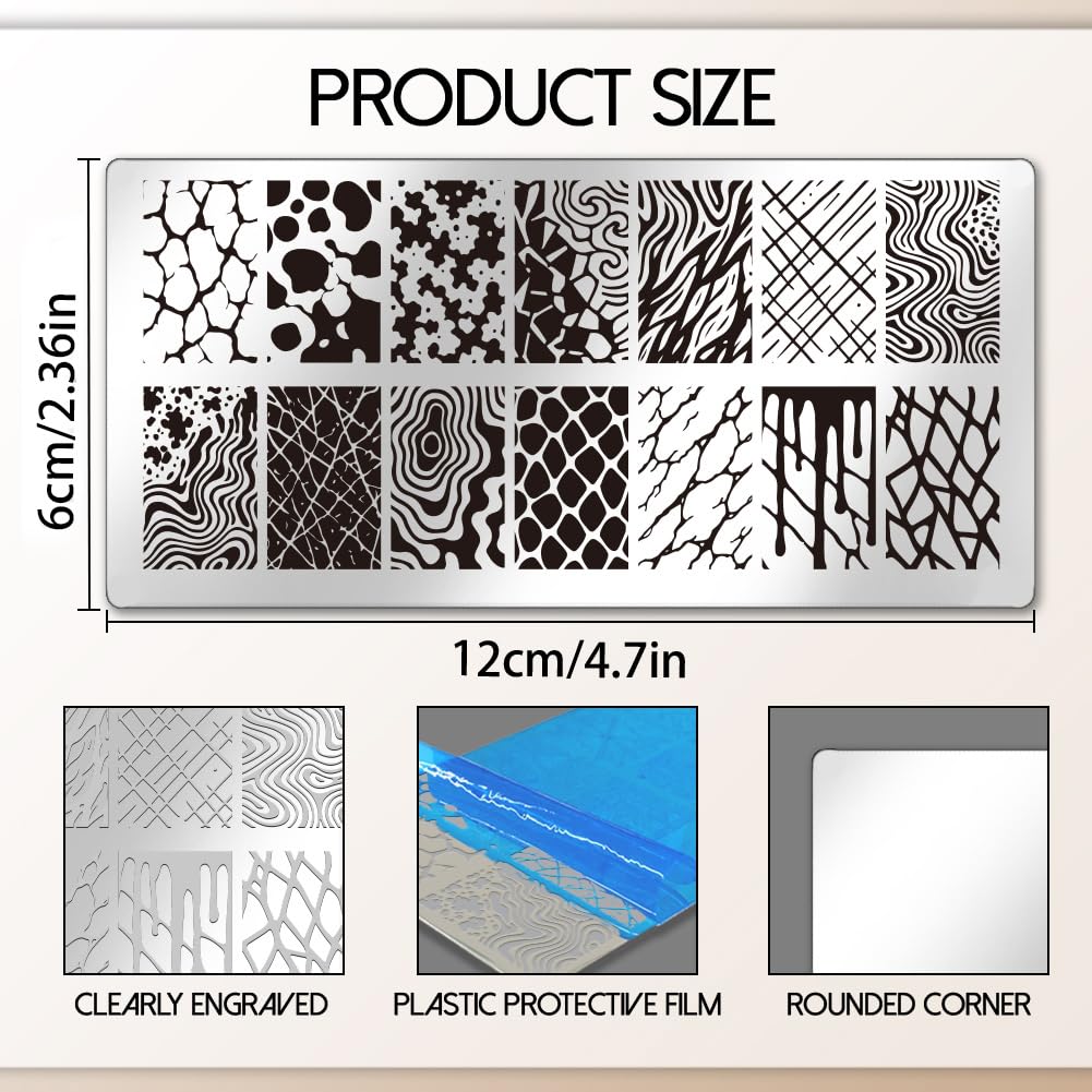 Close up view of the intricate stainless steel textured patterns on the DIY manicure templates.