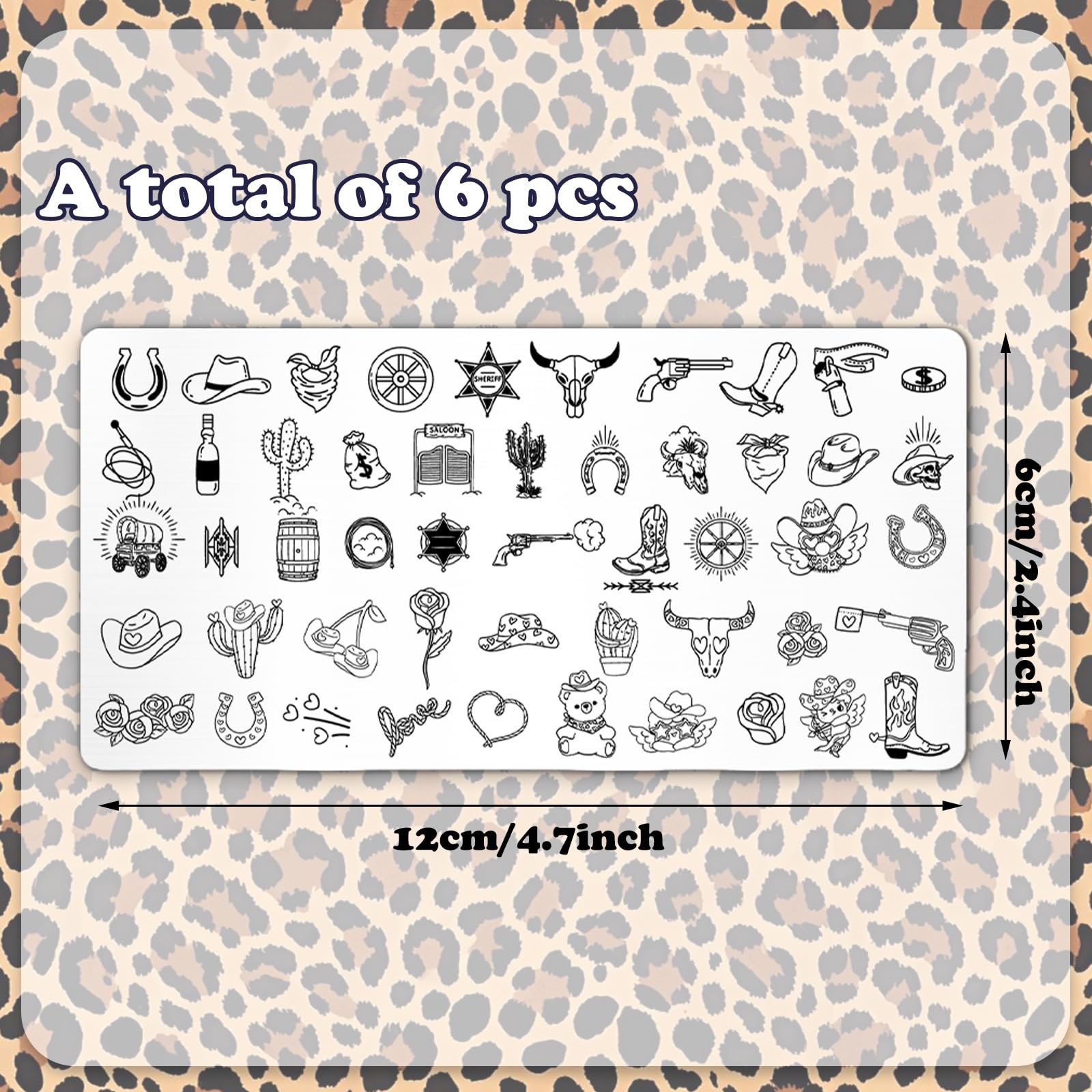 Stainless steel leopard star and bow stamping templates laid out for DIY manicure preparation.