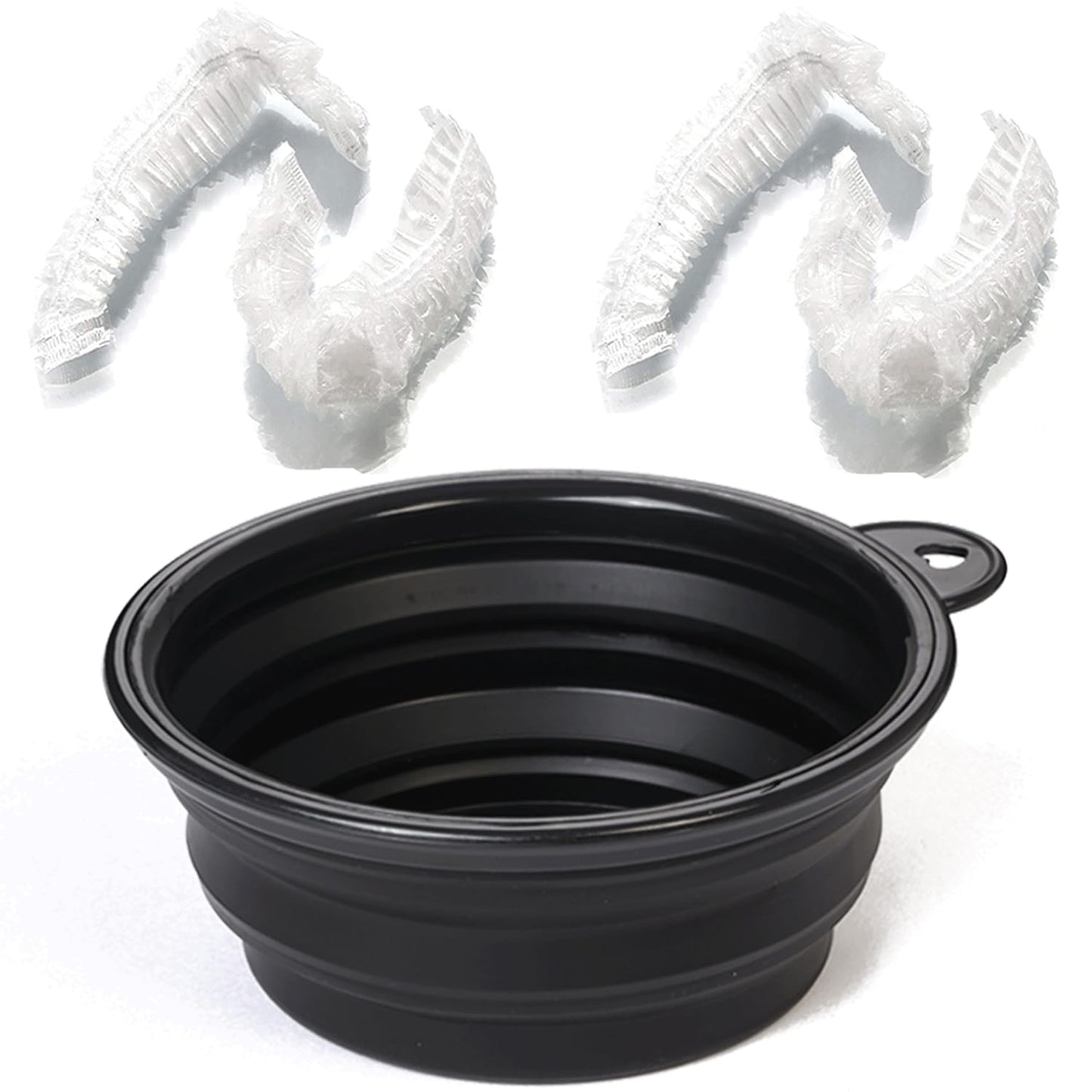 Protective black plastic ear caps included in the salon bleaching kit for mess-free dyeing.