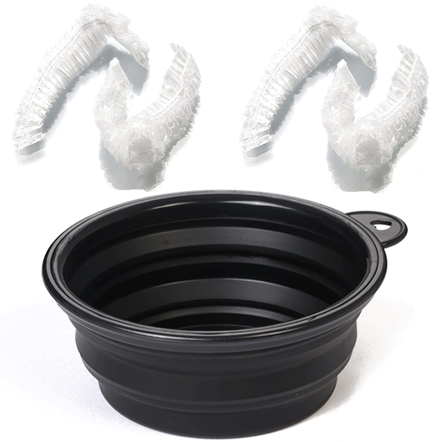 Protective black plastic ear caps included in the salon bleaching kit for mess-free dyeing.