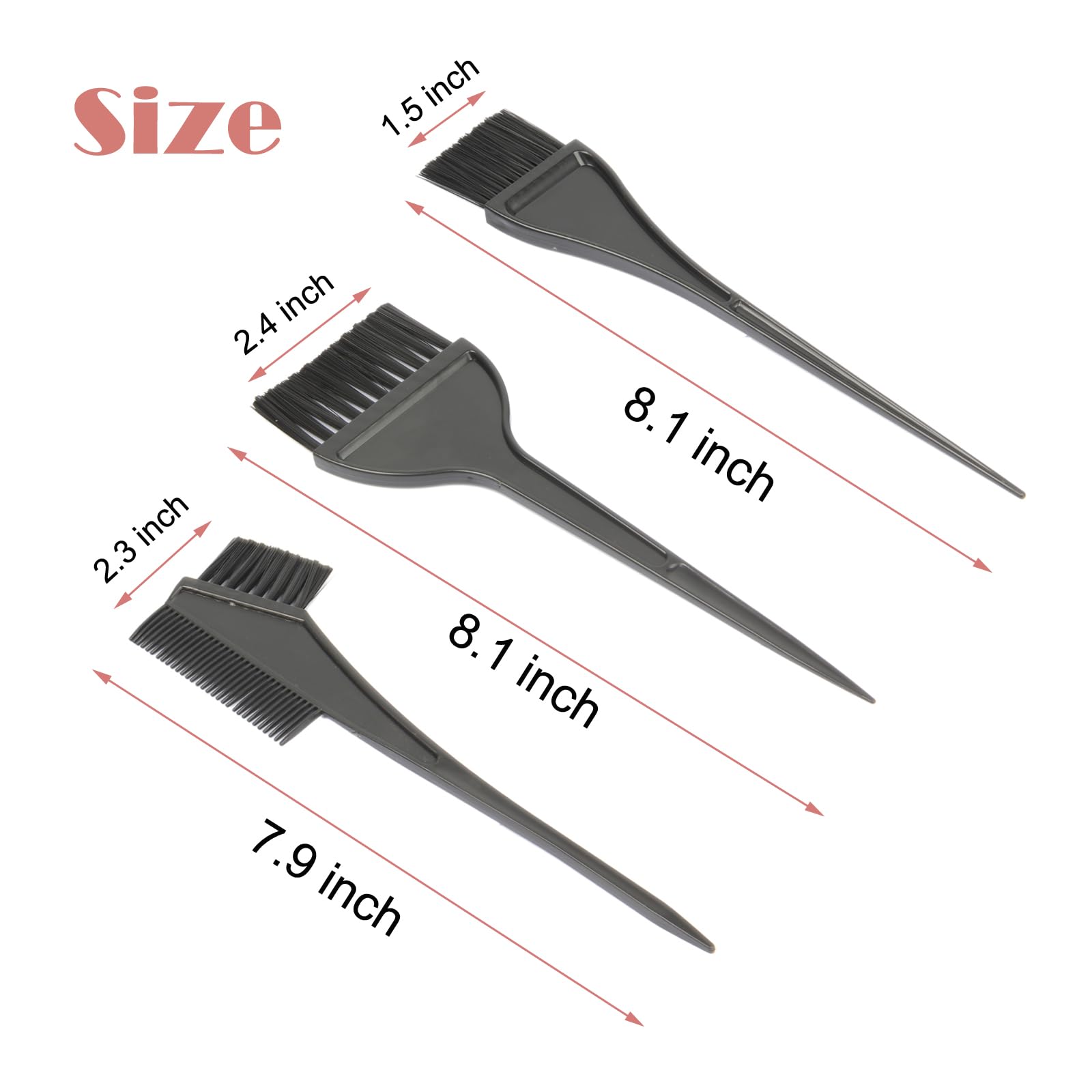 Three different types of black plastic hair coloring brushes and tint combs for precise application