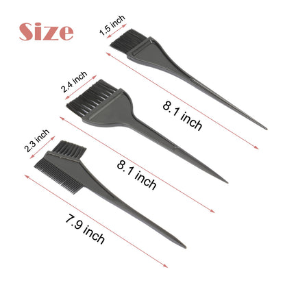Three different types of black plastic hair coloring brushes and tint combs for precise application