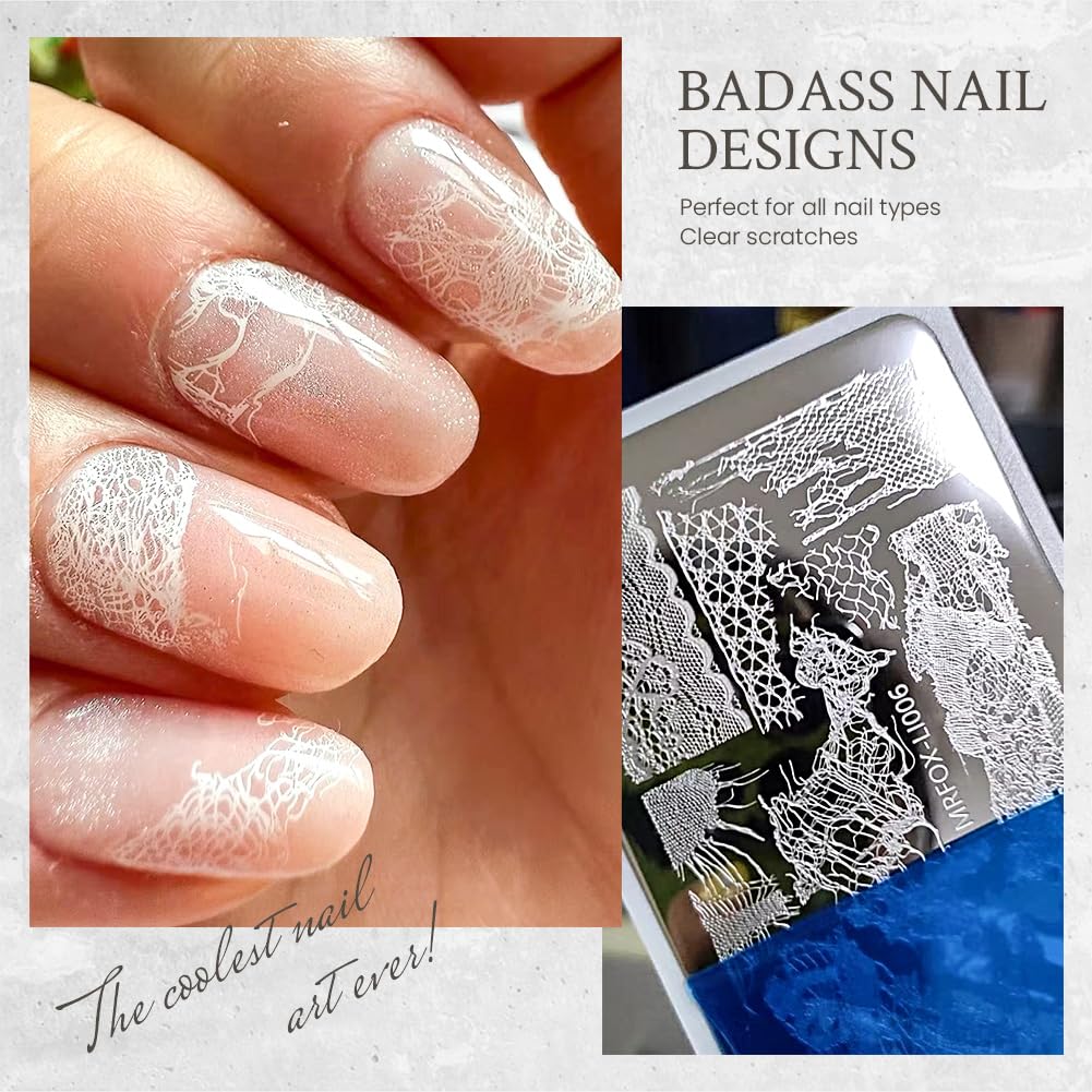 Close up of MR.FOX stainless steel nail art stamping templates highlighting the detailed geometric and distressed designs